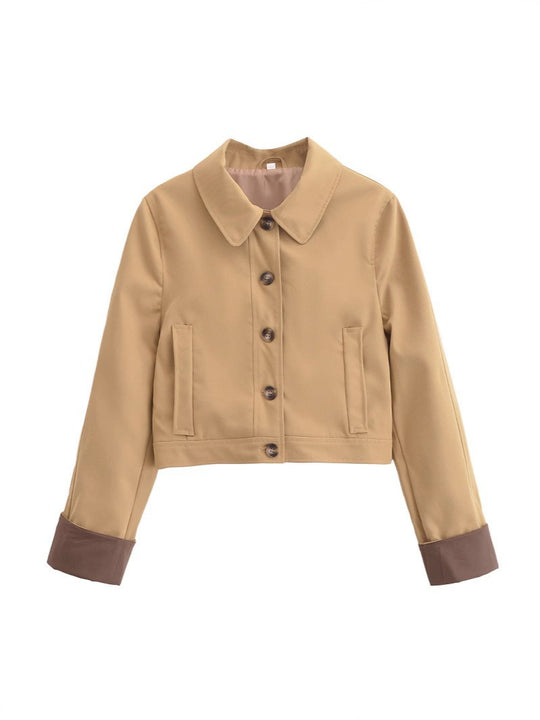 Damen Cropped Utility-Jacke mit Hemdkragen, kontrastierten Umschlagmanschetten und durchgehender Knopfleiste Nord Taschen