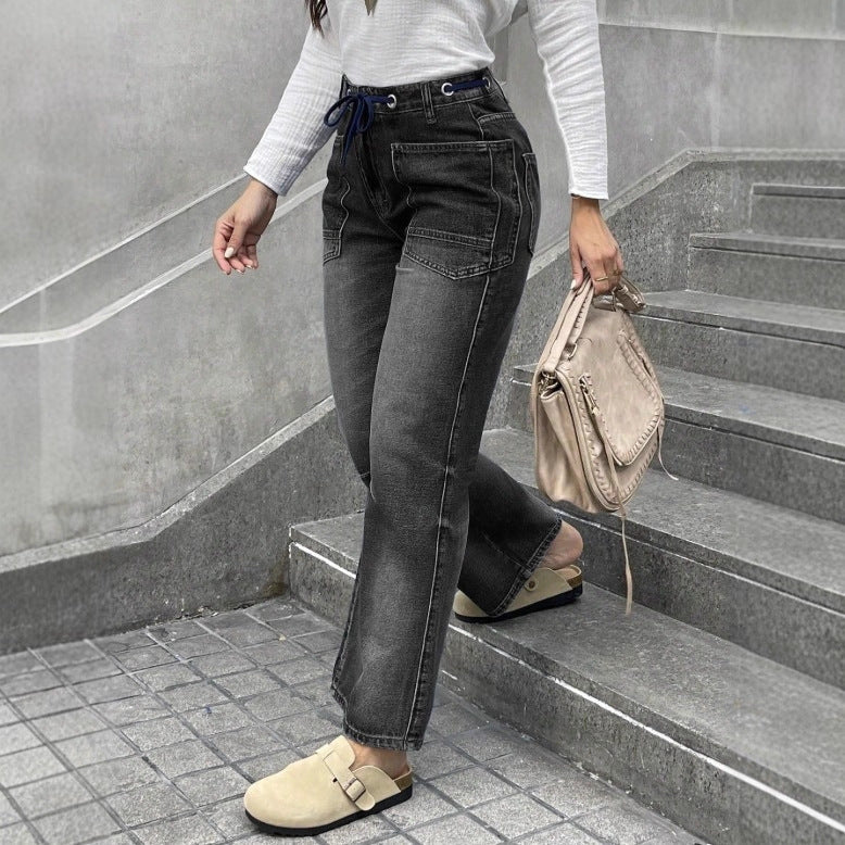 Damen Hochtaillierte Jeans mit geradem Bein, Tunnelzugbund und aufgesetzten Taschen Nord Taschen