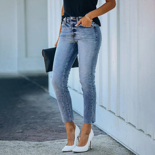 Damen Figurbetonte Hochtaillierte Knöchellange Jeans mit leicht ausgefranstem Saum Nord Taschen