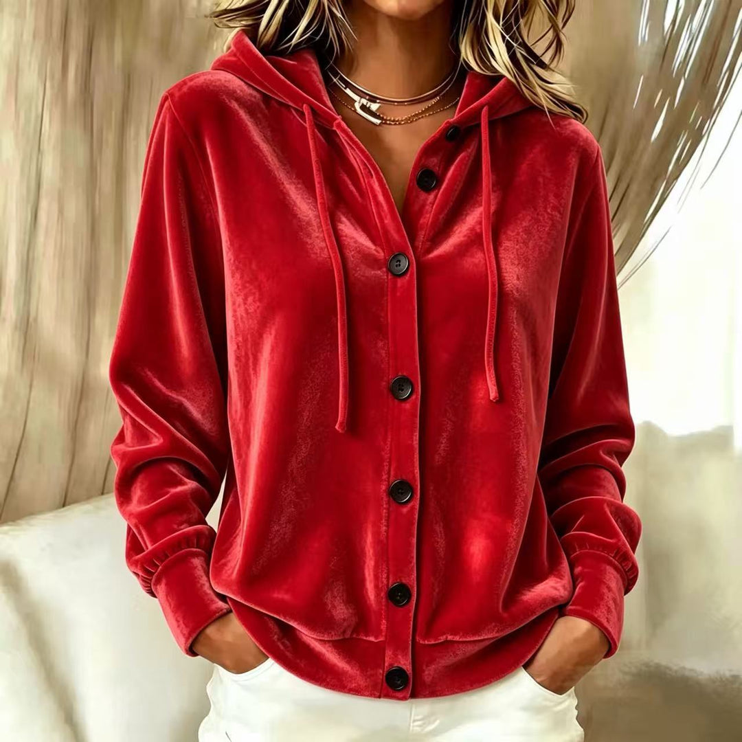 Damen Oversize Samt-Kapuzenjacke mit elastischem Saum und weiten Ärmeln Nord Taschen