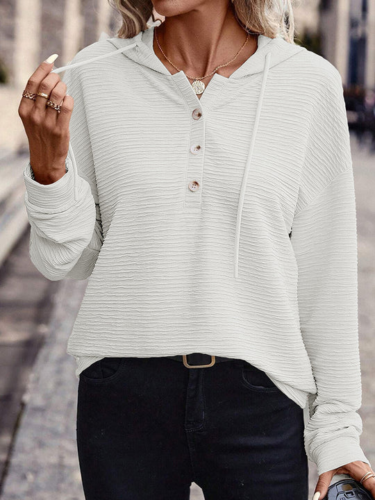 Damen Texturierter Kapuzen-Henleypullover mit Knopfleiste Nord Taschen