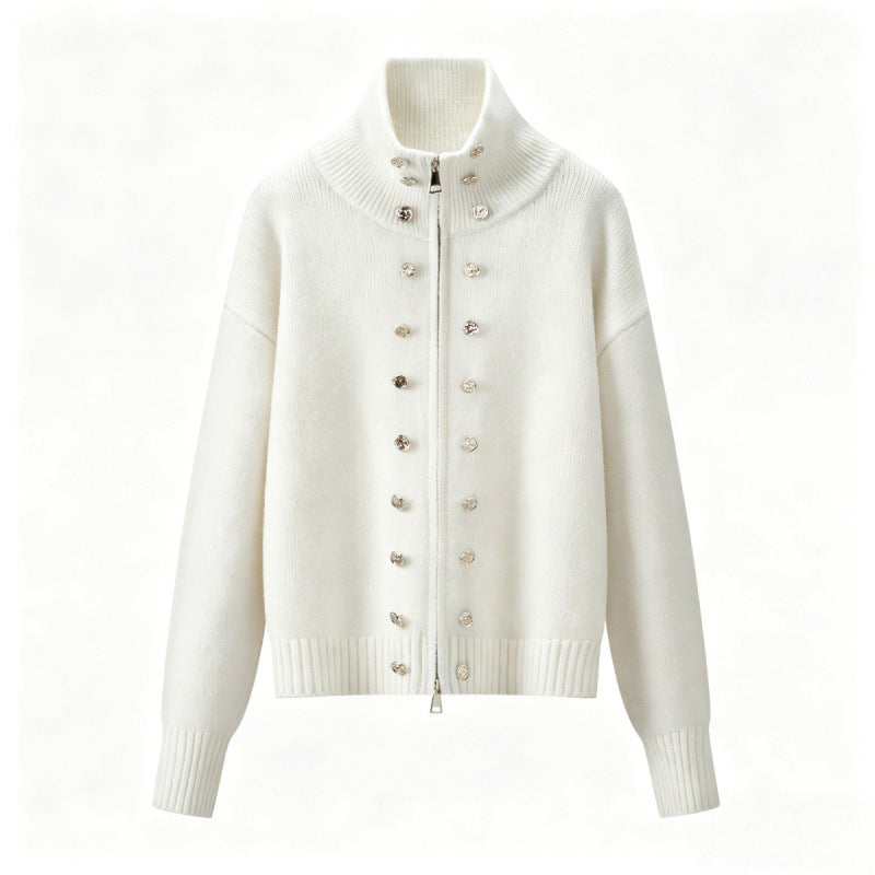 Damen Cropped Strickjacke mit hohem Stehkragen, Zierknopfleiste und Doppelreißverschluss Nord Taschen