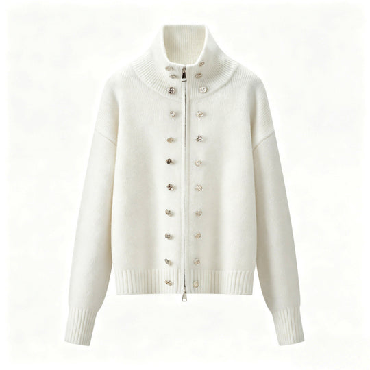 Damen Cropped Strickjacke mit hohem Stehkragen, Zierknopfleiste und Doppelreißverschluss Nord Taschen