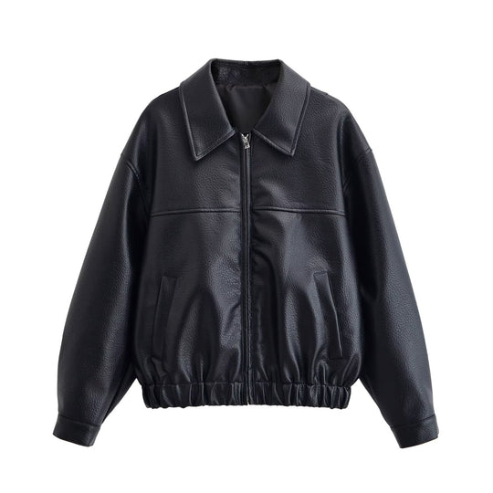Damen Oversized Kunstleder-Bomberjacke mit Hemdkragen Reißverschluss und elastischem Saum Nord Taschen