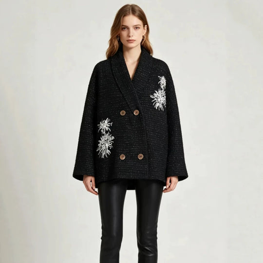 Damen Oversize-Bouclé-Manteljacke mit Schalkragen und floraler Stickerei Nord Taschen