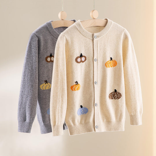 Damen Strickjacke mit Intarsia-Kürbismotiven, Rundhalsausschnitt und Knopfleiste Nord Taschen