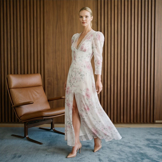 Damen Romantisches Chiffon-Maxikleid mit Spitzen‑V‑Ausschnitt, Puffärmeln und vorderem Schlitz Nord Taschen