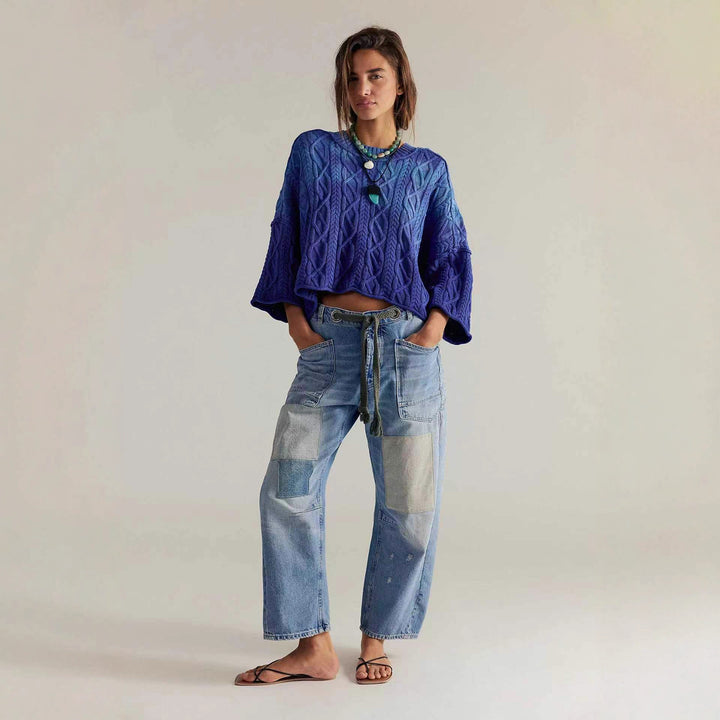 Damen hochgeschnittene Jeans im weiten Schnitt mit aufgesetzten Taschen und Kordelzug Nord Taschen