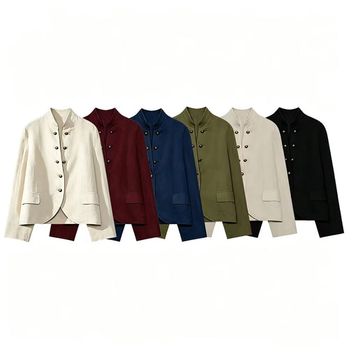 Damen Elegante Kurzjacke mit Stehkragen, Zierriegelknöpfen und Pattentaschen Nord Taschen