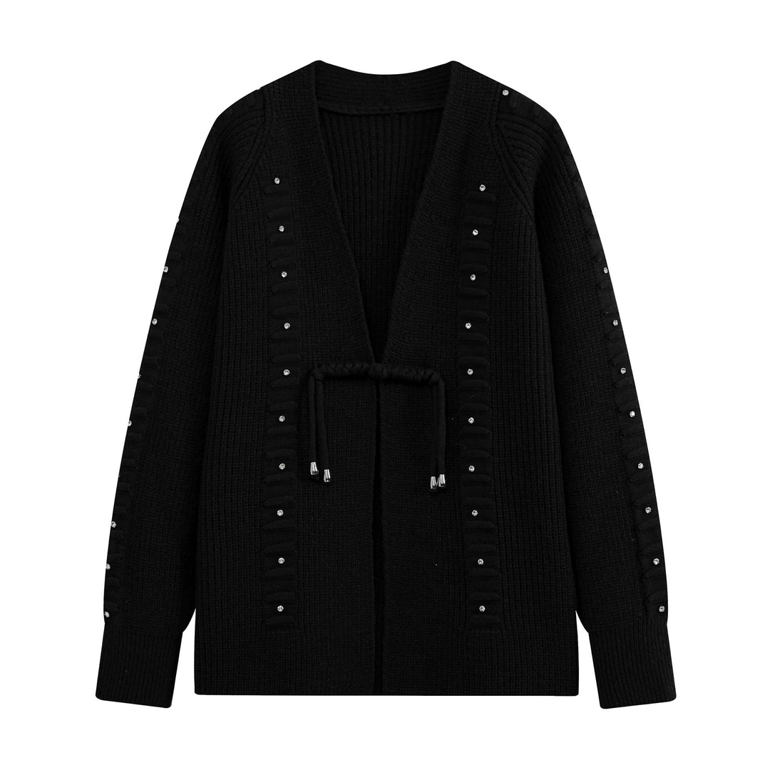 Damen Grobstrick-Cardigan mit Tunnelzug und Strassapplikation Nord Taschen