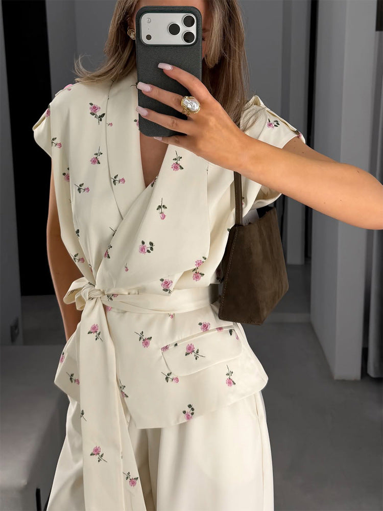 Damen Ärmellose Wickelbluse mit tailliertem Bindegürtel und Pattentaschen Nord Taschen