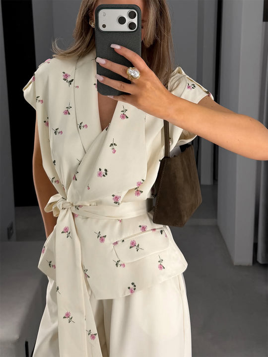 Damen Ärmellose Wickelbluse mit tailliertem Bindegürtel und Pattentaschen Nord Taschen