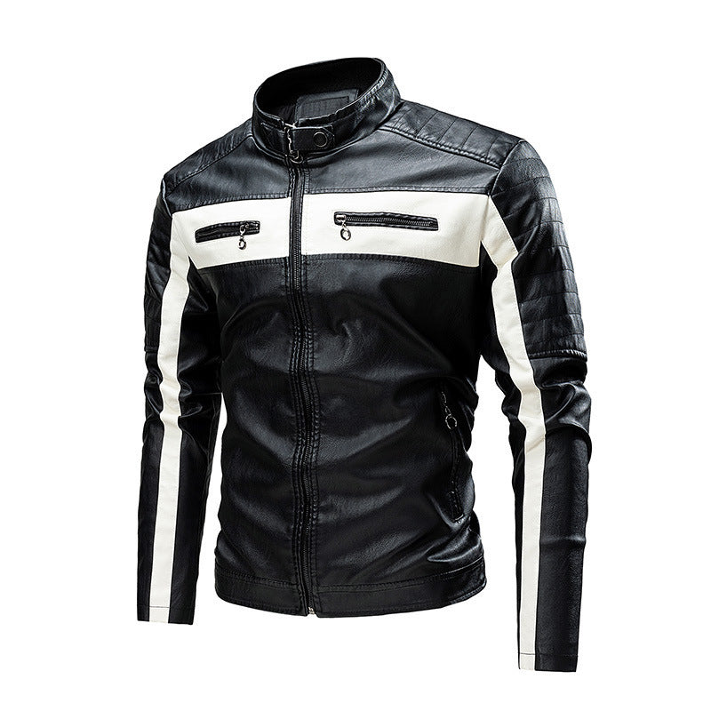 Herren Biker-Lederjacke im Colorblock-Design mit gesteppter Schulterpartie und Stehkragen Nord Taschen