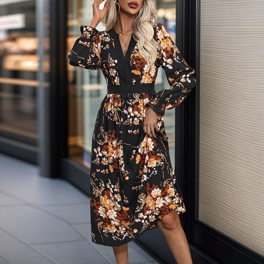 Damen Midikleid mit tailliertem Bund, V‑Ausschnitt, langen Ärmeln und floralem Allover‑Print Nord Taschen