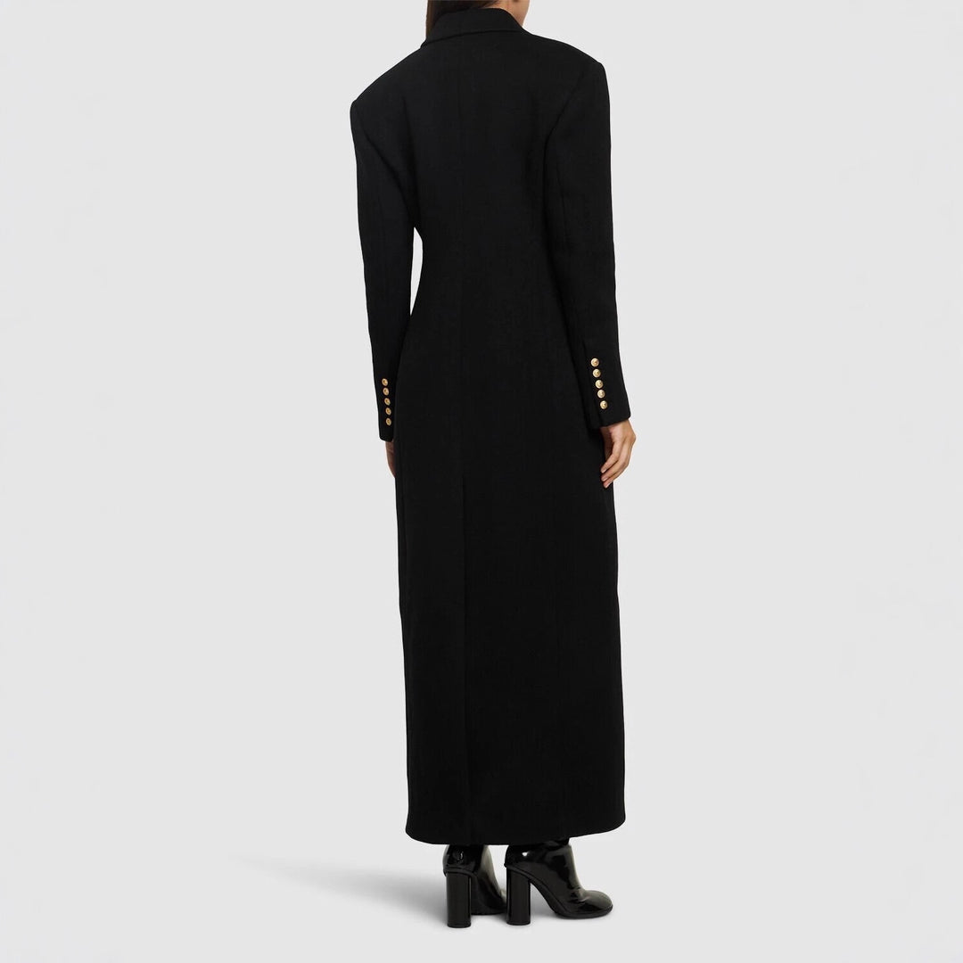 Damen Maxi-Mantelkleid mit markanter Schulterpartie und goldenen Zierknöpfen Nord Taschen