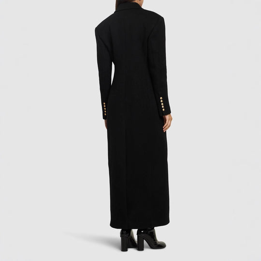 Damen Maxi-Mantelkleid mit markanter Schulterpartie und goldenen Zierknöpfen Nord Taschen