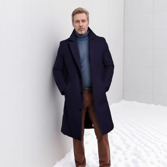 Herren Langer taillierter Mantel mit breitem Revers und edler Wollmischung Nord Taschen
