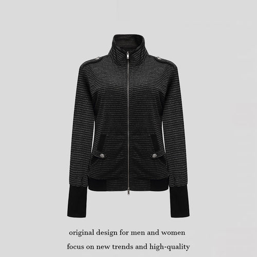 Damen Gestreifte Zipjacke mit Stehkragen, Schulterpattendetail und verlängerten Manschetten Nord Taschen
