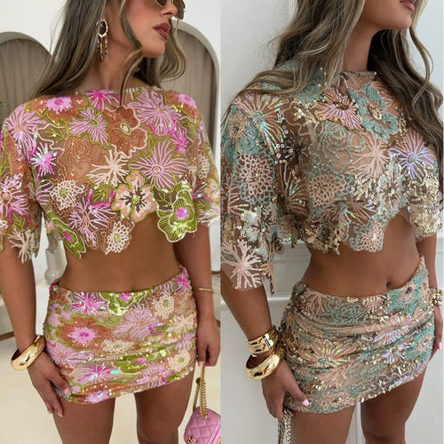 Damen Schimmerndes Mini-Kleid mit floralen Applikationen und transparenten Details Nord Taschen