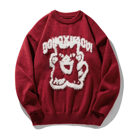 Unisex Oversize‑Strickpullover mit dreidimensionalem Flauschmotiv Katze und geripptem Saum Nord Taschen