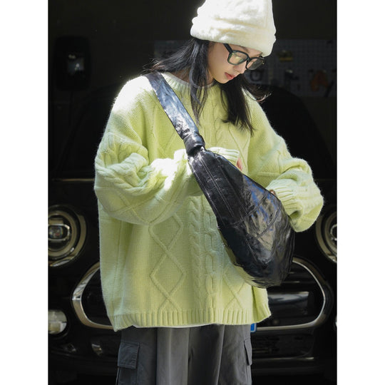 Damen Oversized Grobstrickpullover mit markantem Zopfmuster und Rippbündchen Nord Taschen