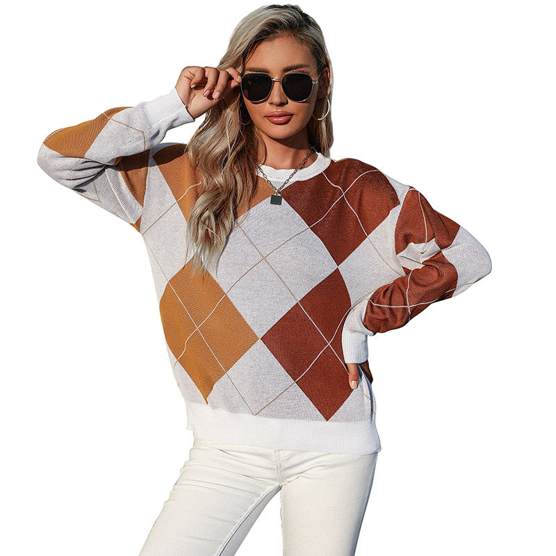 Damen Lockerer Argyle-Strickpullover im Oversize-Schnitt mit Rundhalsausschnitt und Rippbündchen Nord Taschen