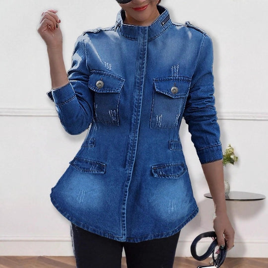 Damen taillierte Denim‑Jacke mit Stehkragen, vier Pattentaschen und leicht ausgestelltem Saum Nord Taschen
