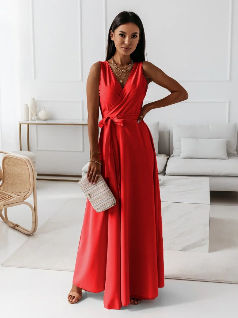 Damen Wickel-Maxikleid mit tiefem V-Ausschnitt und fließendem Schnitt