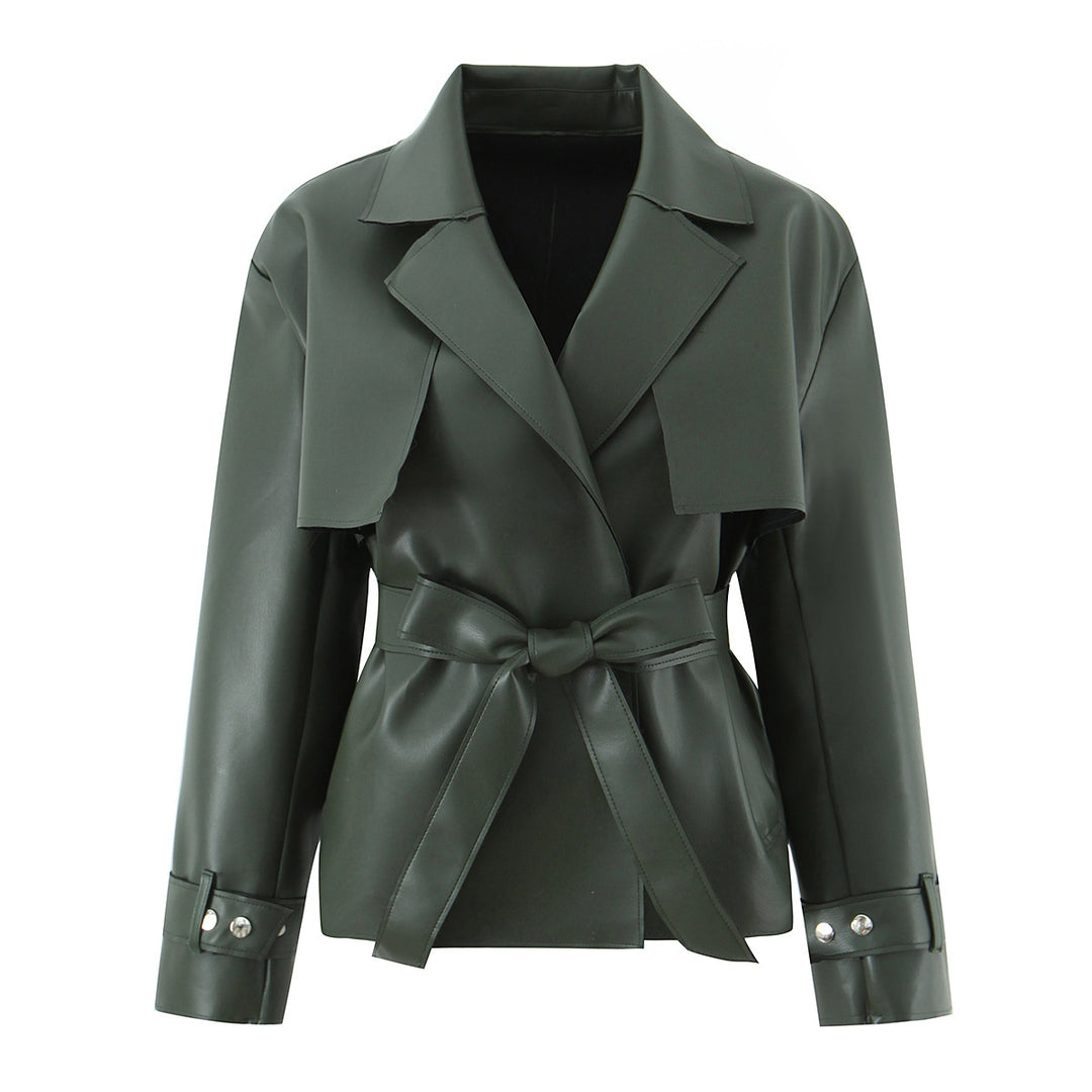Damen Taillierter Kurzer Trenchcoat aus veganer Lederoptik mit Bindegürtel und Cape-Detail Nord Taschen