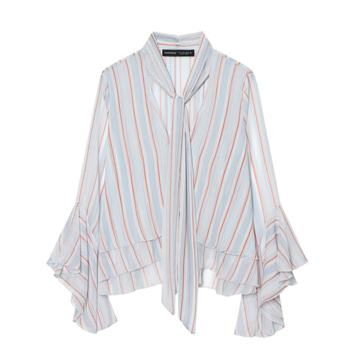 Damen Leichte Chiffonbluse mit Schluppe, Volant-Saum und ausgestellten Trompetenärmeln Nord Taschen