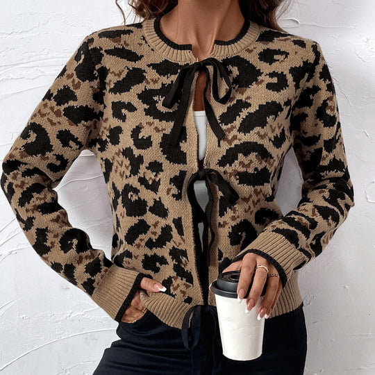 Damen Leopardmuster Strickcardigan mit Bindeschleifen und gerippten Bündchen Nord Taschen