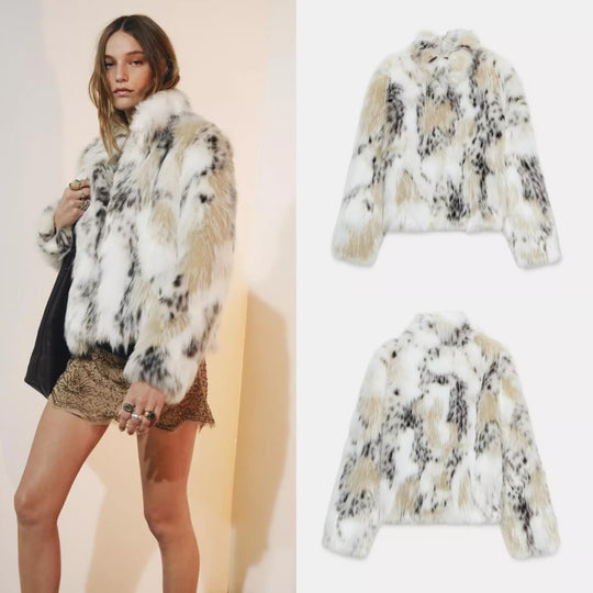 Damen Kurze Kunstfelljacke im Patchfell-Look mit hohem Stehkragen Nord Taschen