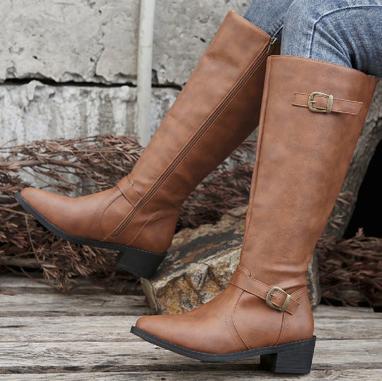 Damen  kniehohe Stiefel in Lederoptik mit seitlichem Reißverschluss und Zierschnalle Nord Taschen