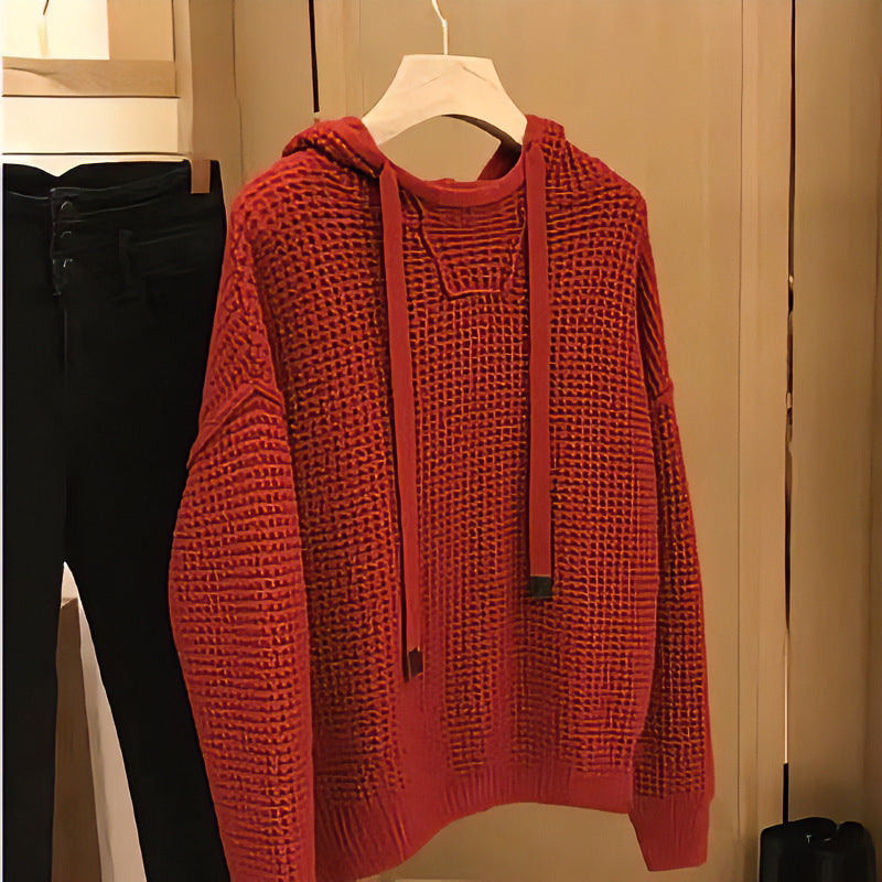 Damen Grob gestrickter Kapuzenpullover mit Waffelstruktur und Kordelzug Nord Taschen