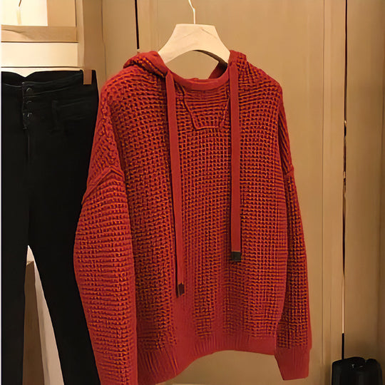 Damen Grob gestrickter Kapuzenpullover mit Waffelstruktur und Kordelzug Nord Taschen