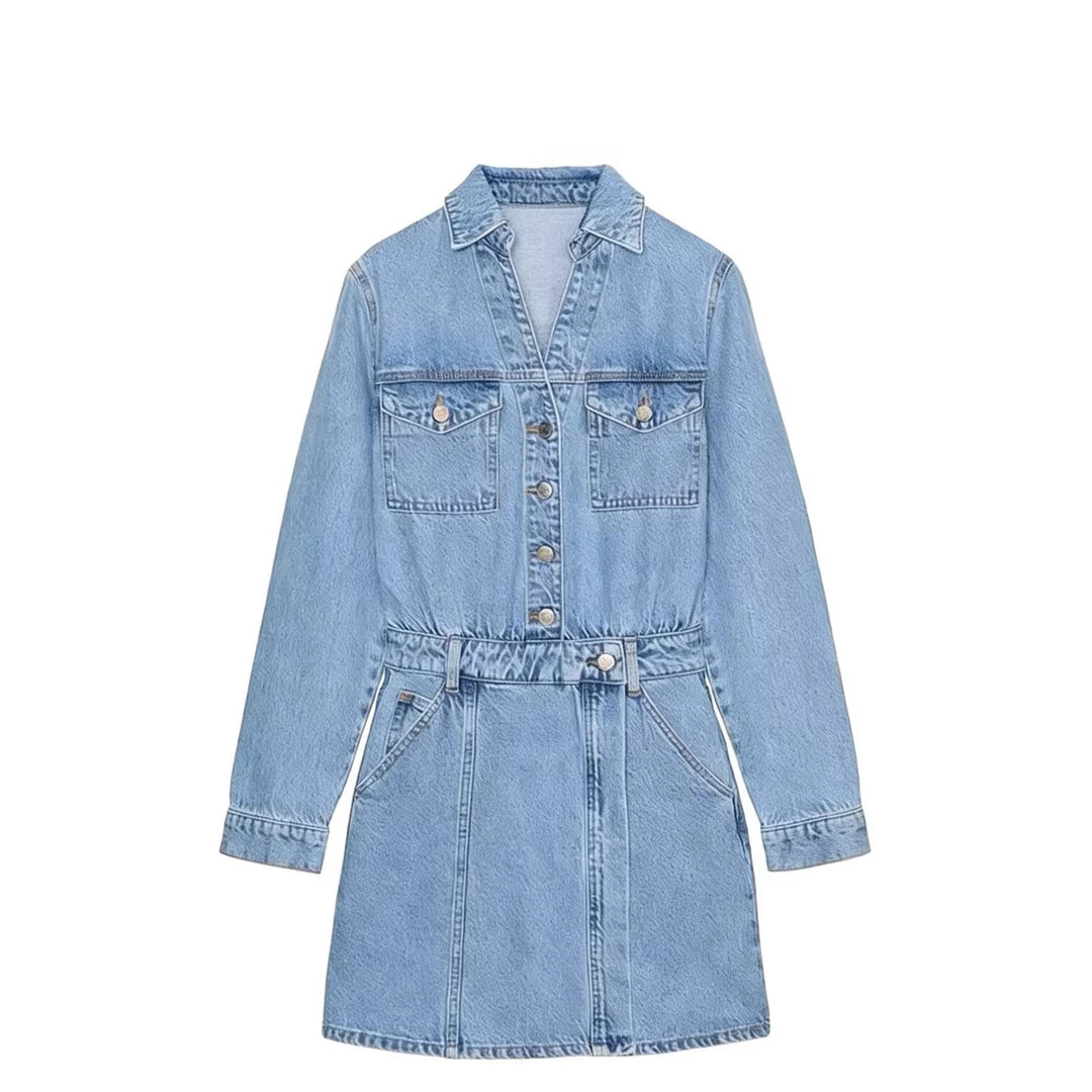 Damen Tailliertes Jeans-Minikleid mit Hemdkragen, aufgesetzten Brusttaschen und dekorativer Knopfleiste Nord Taschen