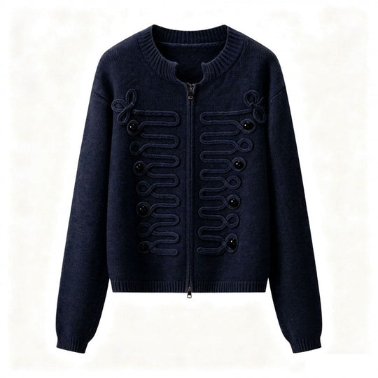 Damen Kurz geschnittene Strickjacke mit dekorativen Kordelapplikationen und Zwei-Wege‑Reißverschluss Nord Taschen