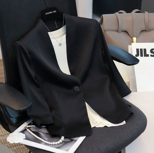 Damen Minimalistischer taillierter Einreihiger Blazer ohne Revers mit offener Kragenlinie Nord Taschen