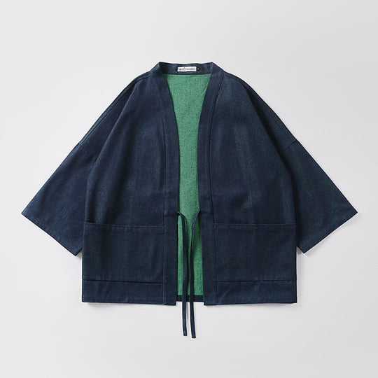 Unisex weit geschnittene Kimono-Jacke aus Baumwoll-Denim mit Bindeband und großen Aufgesetzten Taschen Nord Taschen