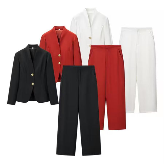 Damen Zweiteiliges Tailored-Blazer- und Highwaist-Hosen-Set mit goldknopf-Detail Nord Taschen