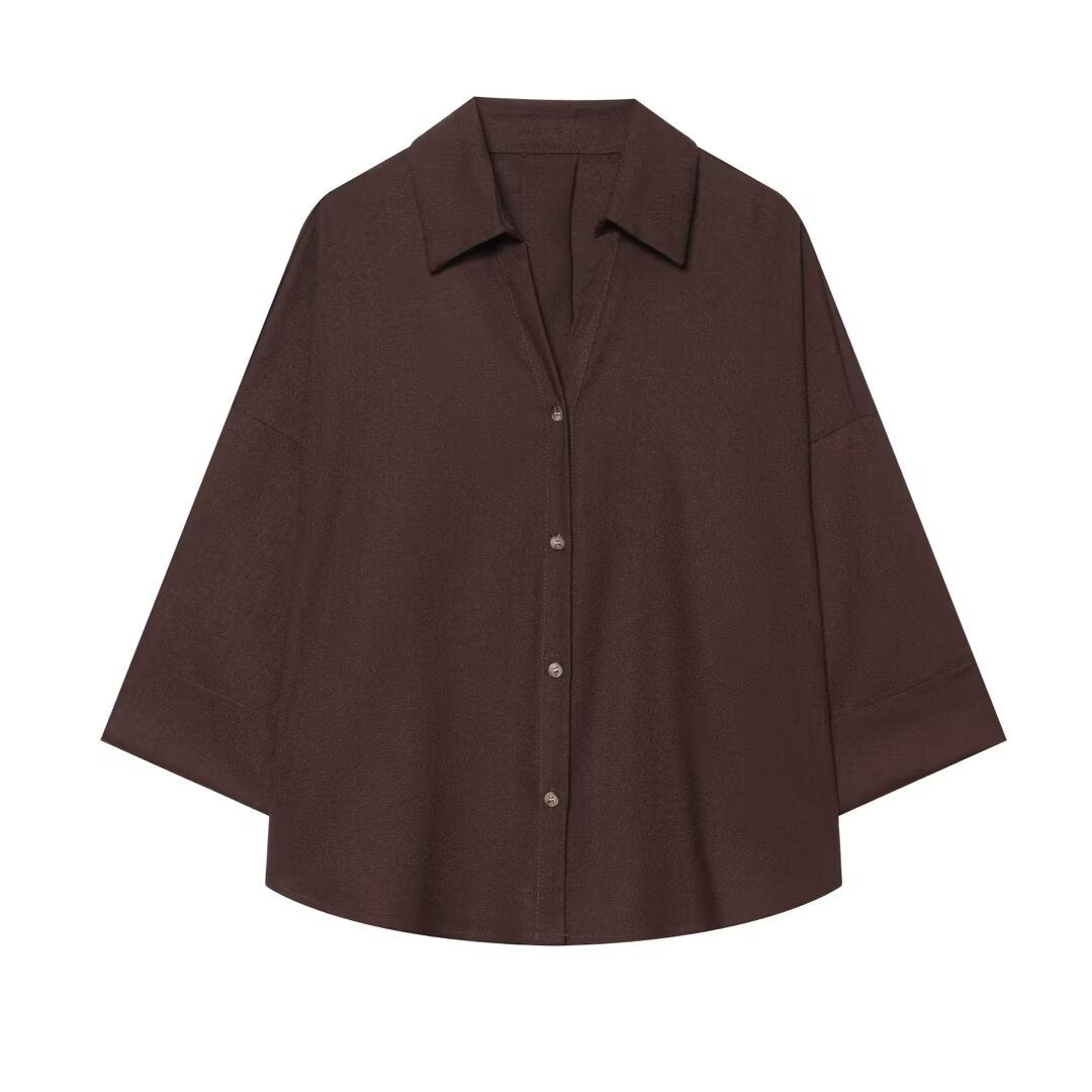 Damen Oversized Hemdbluse mit kastigem Schnitt, dreiviertelärmeln und Hornknopfleiste Nord Taschen