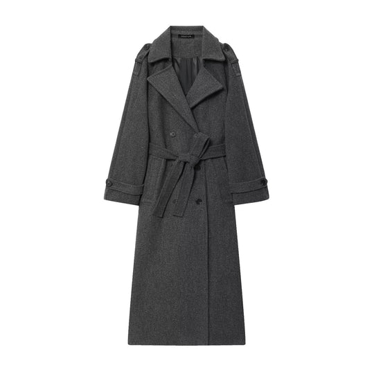 Damen Langer Doppelreiher-Trenchcoat mit Bindegürtel und Schulterriegeln Nord Taschen