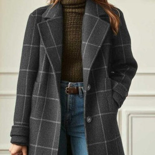 Damen Karierter Wollmix-Mantel mit Oversize-Schulter und klassischem Revers Nord Taschen