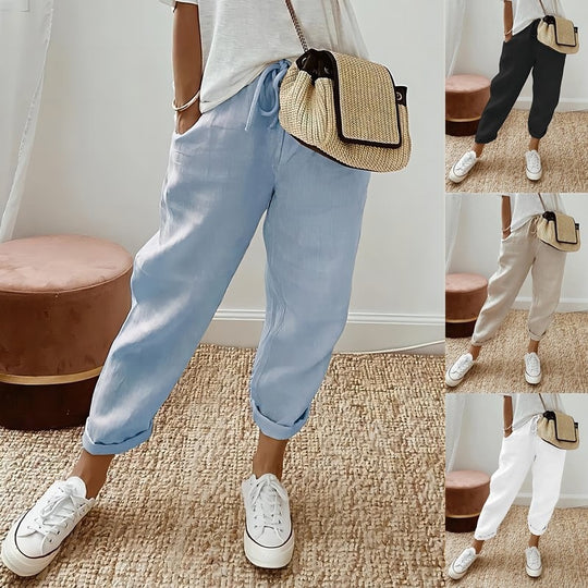 Damen Lässige Leinen-Joggerhose mit hohem Bund, Tunnelzug und gekrempeltem Saum Nord Taschen