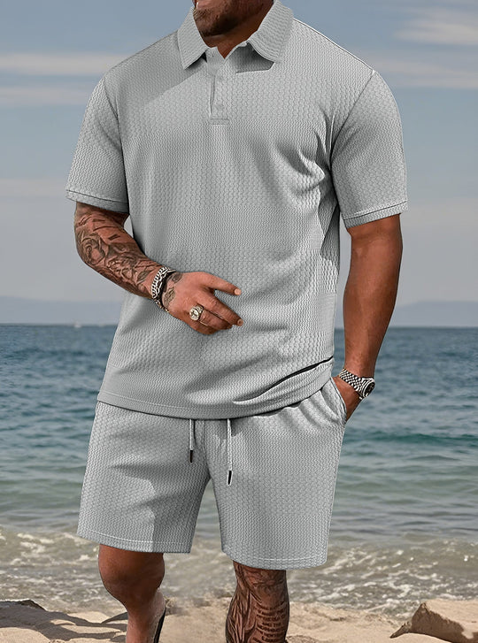 Herren nan geprägtes Strand-Ensemble mit offenem Kurzarm-Hemd und Kordel-Bermuda