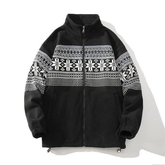 Unisex Norwegermuster-Fleecejacke mit Stehkragen, durchgehendem Reißverschluss und Kordelzug Nord Taschen