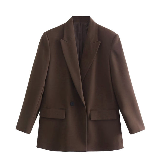 Damen Doppelreihiger Longblazer mit weitem Schalkragen und Pattentaschen Nord Taschen