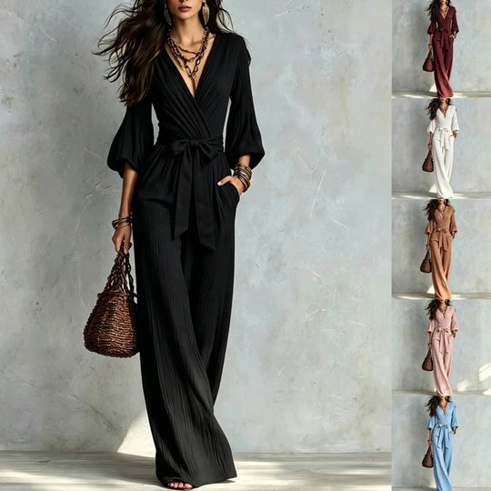 Damen Jumpsuit Wickel-Optik mit weitem Bein, Taillengürtel und Glockenärmeln Nord Taschen