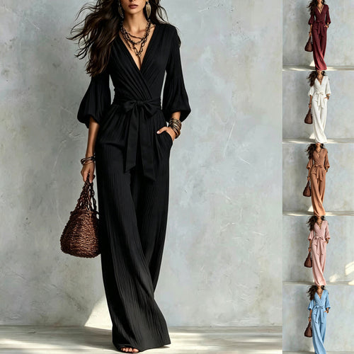 Damen Jumpsuit Wickel-Optik mit weitem Bein, Taillengürtel und Glockenärmeln Nord Taschen