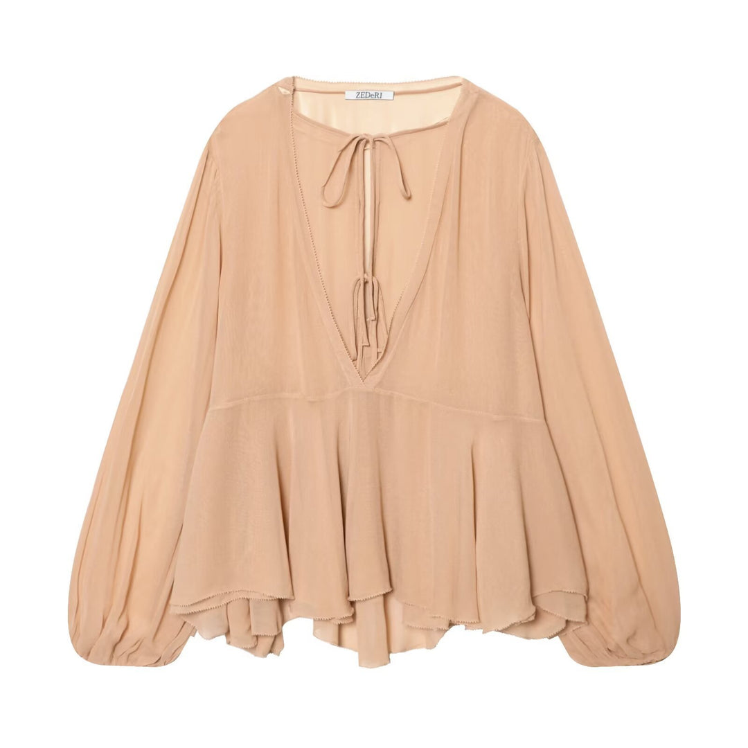 Damen Luftige Chiffon-Bluse mit tiefem V‑Ausschnitt, Bindebändern, Volantstufen und Ballonärmeln Nord Taschen